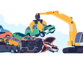 Illustration of a junk car being picked up by a machine