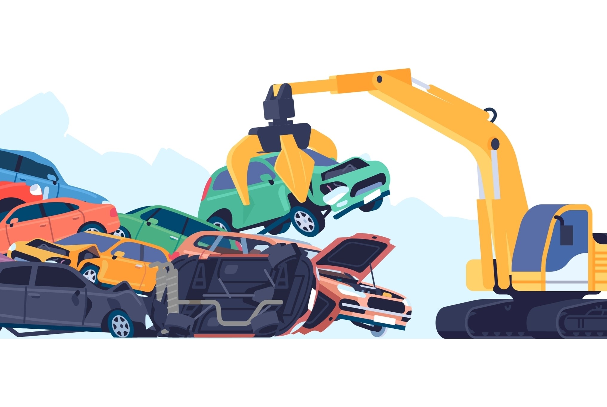 Illustration of a junk car being picked up by a machine